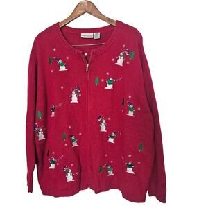 Vintage Christmas Cardigan Womens 2X Red Wool Zip Up Snowman Embroidered Granny